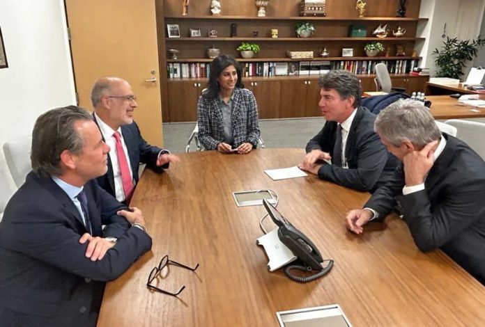 Luis Caputo y Nicolás Posse durante la reunión que mantuvieron con los representantes del FMI en EEUU